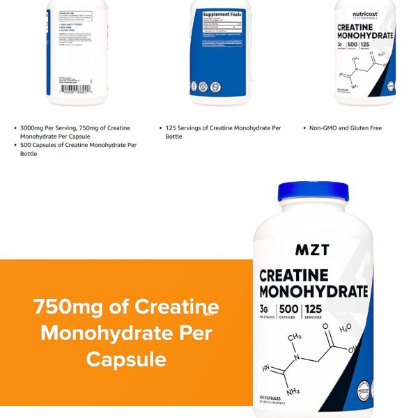 Micronized Creatine Monohydrate 3,000mg 500 Capsules, 125 Servings, 750mg of Creatine Monohydrate Per Capsule - Image 3