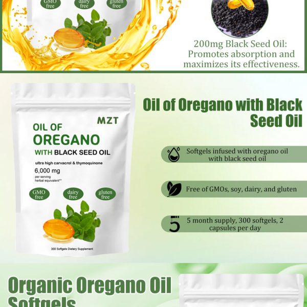 Oil of Oregano, 300 Softgel | Oregano Oil with Black Seed Oil, 4X Strength Carvacrol & Thymoquinone | Plant Based, Non-GMO | Antioxidant & Immune Support - Image 3