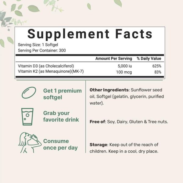 Premium Vitamin D3 5,000 IU & K2 (MK-7) 100 mcg Softgels with Coconut Oil, 120 Count D3 K2 Supplements -Supports Bones, Teeth, Muscle Function & Immune System - Image 3