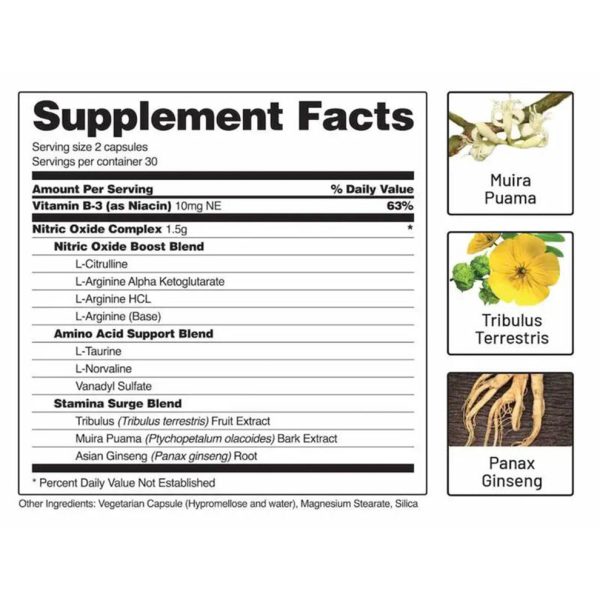 Nitric Oxide Booster Supplement with L Arginine and L Citrulline Essential Amino Acids and Ginseng Root, Energy, Heart Health, Muscle Growth & Circulation Support, 60 Capsules - Image 3