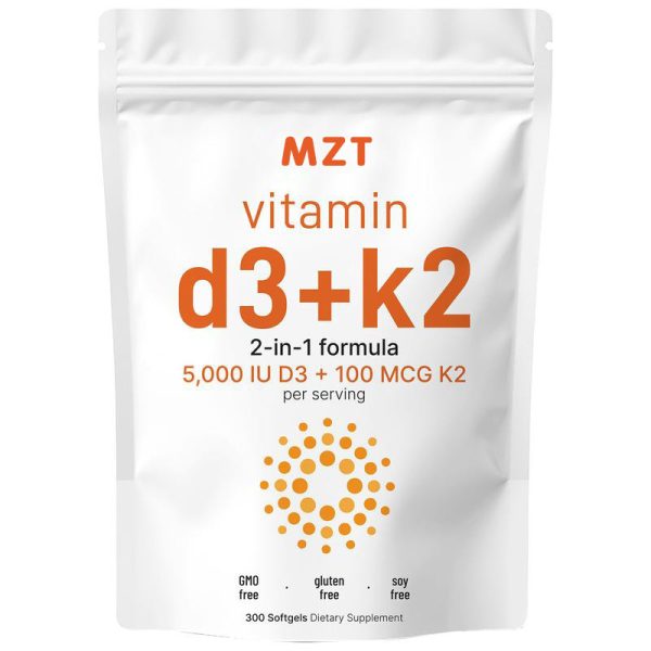 Premium Vitamin D3 5,000 IU & K2 (MK-7) 100 mcg Softgels with Coconut Oil, 120 Count D3 K2 Supplements -Supports Bones, Teeth, Muscle Function & Immune System